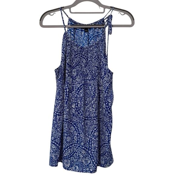Ann Taylor Sleeveless Top Blouse Blue White Pattern Tie at Shoulder Medium - Picture 1 of 7